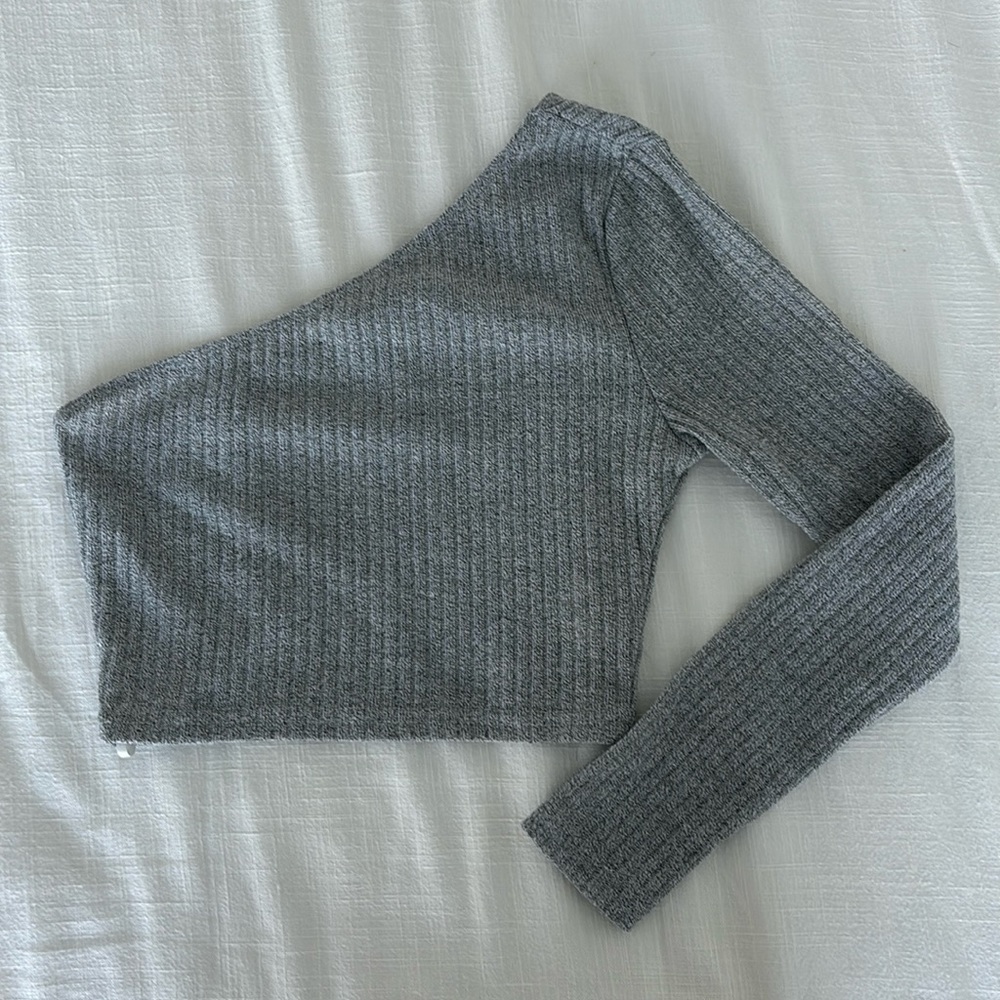 One Shoulder Ribbed Long Sleeve Crop Top